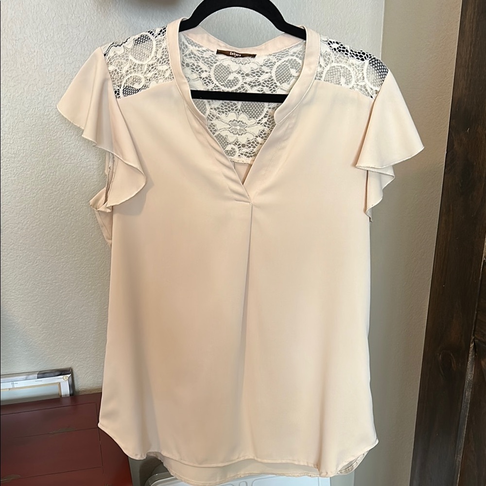 Cream Ruffled Cap Sleeve Blouse with Mandarin Collar